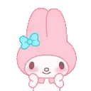 My Melody the rabbit blushing with a shy smile and hands near her face.