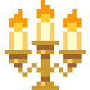 A gold pixel art candelabra with three lit candles burning with orange flames.