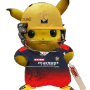 Pikachu wearing a yellow cricket helmet and an RCB jersey holding a cricket bat.