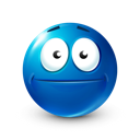 Blue sphere with wide, unblinking eyes and a flat line mouth looking deadpan.