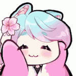 Anime girl with pastel hair and a flower accessory smiling happily while celebrating.