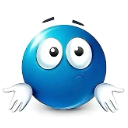 Blue spherical character shrugging with white hands and a confused facial expression.