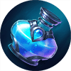 A glowing blue potion in a glass bottle with a metal stopper.