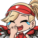 Mercy from Overwatch laughing hysterically with blue tears of joy streaming down her face.