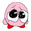 Kirby with giant, watery, pleading eyes looking up in a pathetic expression.