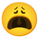 Yellow emoji face with closed eyes and a wide, open mouth expressing extreme exhaustion or weariness.