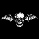 Skull with bat wings depicted in a black and white line-art style.