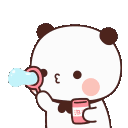 A cute white panda blowing a soap bubble from a small pink wand.