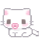 A small white pixel kitten with pink ears and a pink pacifier in its mouth.