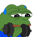 Pepe the Frog lifting a black dumbbell with a focused expression.