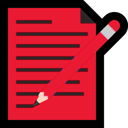 Red document being written on by a red pencil.