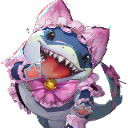 Shark wearing a pink frilly cat costume with a wide, happy, toothy grin.