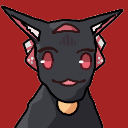 Black cat with pink eyes and a smug, mischievous grin.