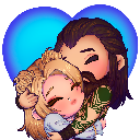 Two chibi characters embracing warmly in front of a blue heart shape.