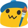 Yellow blob character wearing a blue beret and holding a paintbrush with a happy expression.