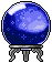 Crystal ball with a glowing blue starry interior resting on a silver stand.