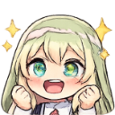 Anime girl with green hair and glowing eyes cheering with excitement and sparkles.