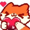 A pixel-art fox with an orange coat hugging a large, shiny pink heart with a happy expression.