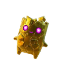 A golden rock creature with glowing purple eyes and a small, happy face.
