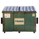 A green industrial dumpster with the word TRASH printed on the side.