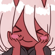 Zero Two with a shy, blushing expression and hands pressed against her cheeks.
