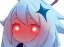 Paimon from Genshin Impact with glowing red eyes and a smug expression.