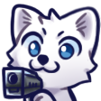 A cute white fox with blue eyes holding a handgun.
