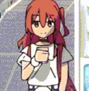 Anime girl with red hair holding a cup and looking with a skeptical, unimpressed expression.