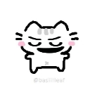 A simple line-art cat with a smug, closed-eye grin and pink blushing cheeks.