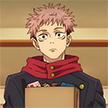 Yuji Itadori with a wide-eyed, shocked expression holding a cardboard box.