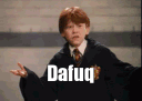 Ron Weasley in wizard robes throws his hands up in confusion with the text Dafuq appearing on screen.