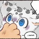 A blushing snow leopard with wide blue eyes has a hand covering its mouth to silence it.