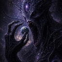 Cosmic entity with a glowing eye and wide mouth holding a tiny planet in its hand.