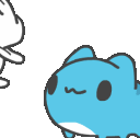 A white bunny pounces on a happy blue cat while red hearts float above them.