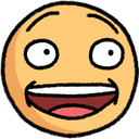 Yellow face with wide, unblinking eyes and a broad, toothy grin.