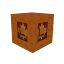 A pixelated orange crate decorated with a brown maple leaf icon.
