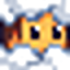 A pixelated character with a wide, mischievous, toothy grin.