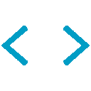 Cyan programming brackets and slashes arranged in a chaotic and broken pattern.