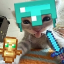 A cat wearing a Minecraft diamond helmet holding a diamond sword with a totem of undying nearby.