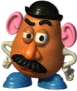 Mr. Potato Head looking directly at the camera with a skeptical and confused facial expression.