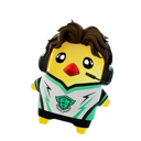 A small yellow chick wearing a gaming headset and a green and white esports jersey.