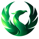 Phoenix bird with glowing green wings spread wide against a dark background.