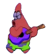 Patrick Star playing a purple ukulele while dancing in a series of frames.