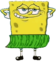 SpongeBob SquarePants wearing a green grass skirt and performing a hula dance with a smug expression.