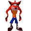 Crash Bandicoot performing a sad, slumped dance move in a pixelated style.