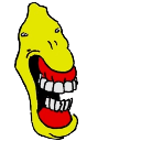 A distorted yellow face with a wide, gaping mouth revealing large white teeth against a black background.