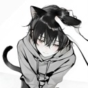 Anime cat boy with black hair and ears receiving a gentle hand pat on his head.