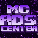 Logo text reading MC ADS CENTER in a cracked, purple pixel font against a dark, starry background.
