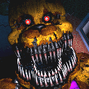 Nightmare Fredbear animatronic with glowing red eyes and rows of sharp teeth grinning menacingly.