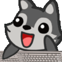 A cute gray wolf with a wide happy smile typing rapidly on a computer keyboard.